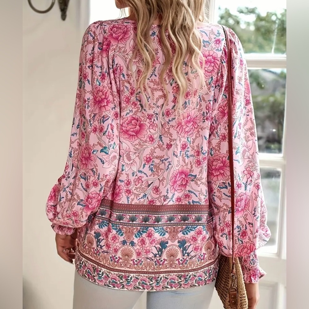 Boho Floral Peasant Blouse XL Pink Smocked Sleeves Tie Neck Top NWOT - Picture 11 of 13